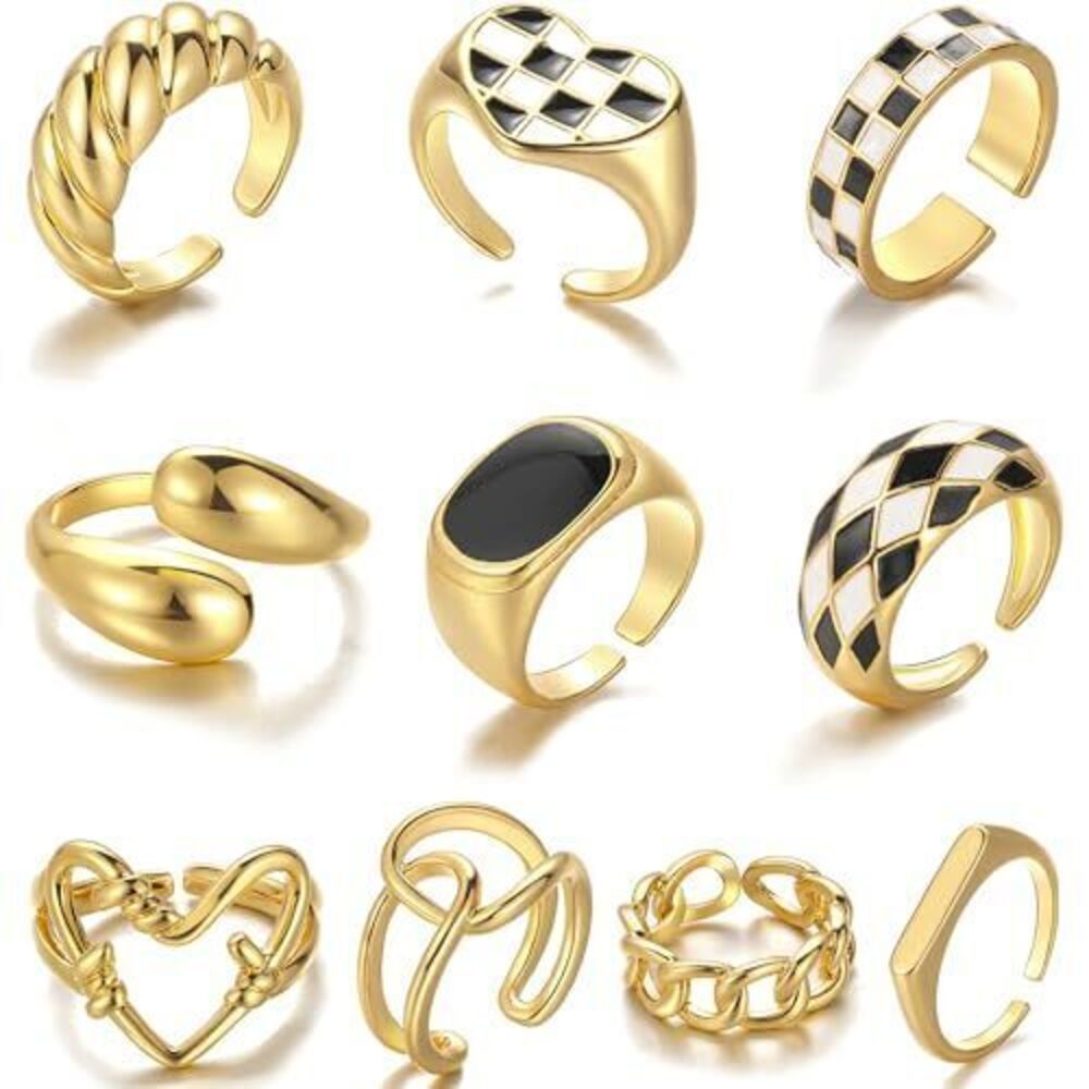 1293 12PCS Gold Stackable Rings Set , 18K Gold Plated Open Stacking Knuckle